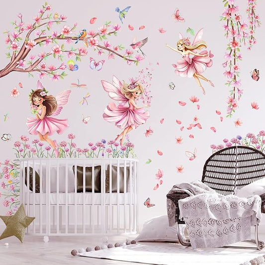 CharmFlo Pink Fairy Garden Wall Decals with Cherry Blossom Tree Floral Wall Stickers Peel and Stick Butterflies Birds DIY Wall Art for Girls Bedroom Baby Nursery Kids Room