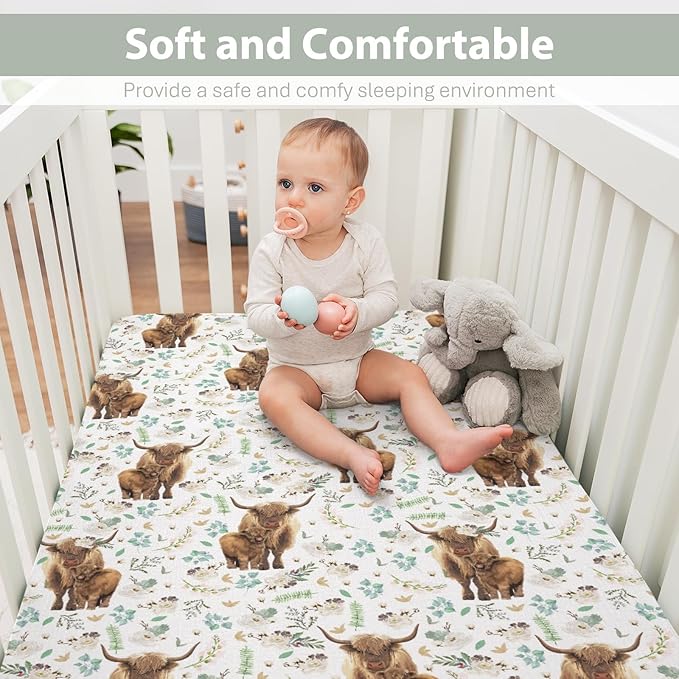 Floral Highland Cow Baby Crib Sheets for Boy Girl 28"x52" Cute Watercolor Cows Yak Cattle Soft Snug Fitted Crib Mattress Cover Spring Farm Animal Baby Sheet for Standard Crib & Toddler Bed Mattress