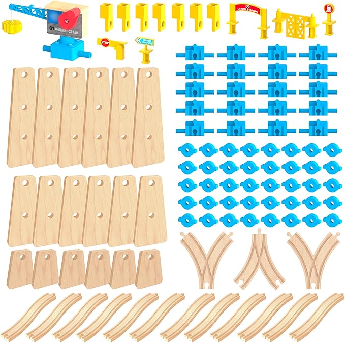 ORBRIUM Wooden Train Tracks Construction Mega Bundle – 273 Pc Elevated Building Toy with Bridges, Crane, Station, Tunnel & Gate – STEM Montessori Toys Fits Thomas, Brio & More