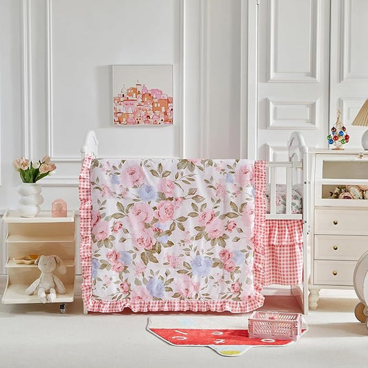 3 Piece Floral Crib Bedding Set, Soft Quilted Baby Comforter with Fitted Sheet & Ruffled Crib Skirt, Breathable and Cozy Shabby Chic Nursery Decor