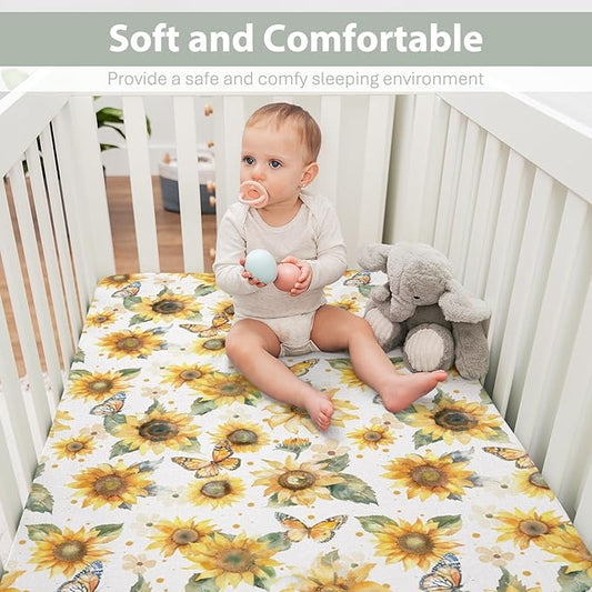 Boho Sunflowers Butterflies Baby Crib Sheets for Boy Girl 52x28Inch Yellow Sunflower Leaves Soft Snug Fitted Crib Mattress Cover Spring Summer Baby Sheet for Standard Crib and Toddler Bed Mattress