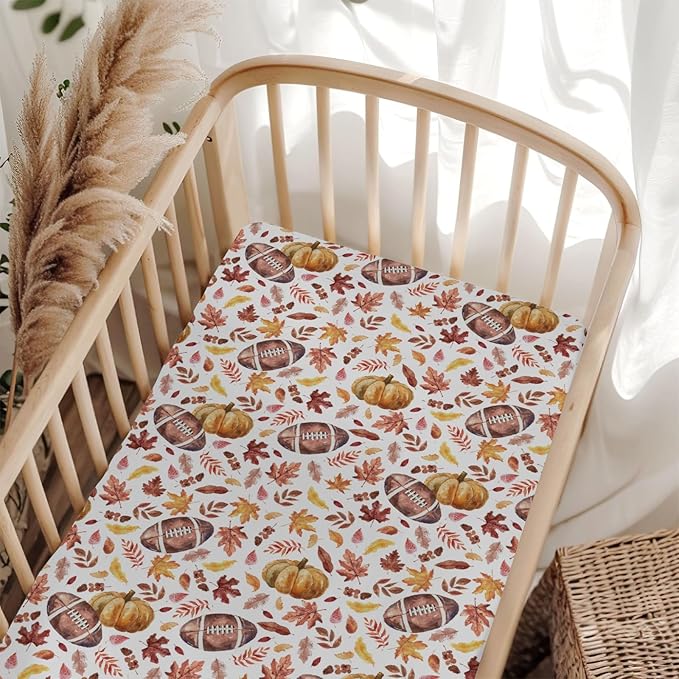 Autumn Football Pumpkin Leaves Baby Crib Sheets for Boy Girl 52"x28" Fall American Football Maple Soft Snug Fitted Crib Mattress Cover Thanksgiving Sports Baby Sheet for Crib & Toddler Bed Mattress