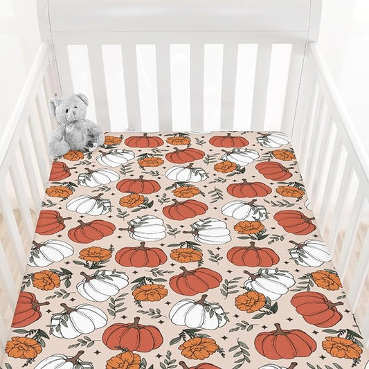 Boho Fall Pumpkin Floral Baby Crib Sheets Retro Autumn Pumpkin Flowers Thanksgiving Baby Sheets Fitted Crib Mattress Cover for Standard Crib Toddler Mattresses 28x52in