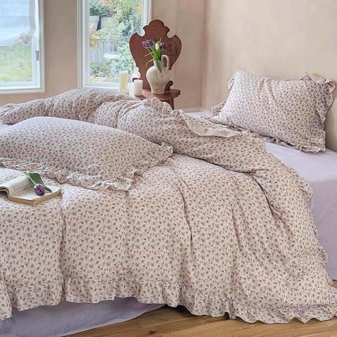 BuLuTu Purple Floral Duvet Cover King, Muslin Cotton Comforter Cover for King Size Bed, Cottage Ruffles Bedding Quilt Covers 104"x90", Zipper & 4 Ties, No Pillowcses, All Seasons