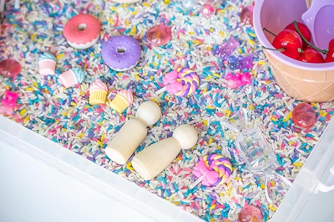Sweets Shop Sensory Bin Kit for Kids – Bright Rainbow Rice, Candy Erasers, Donut Containers & Wooden Tools – Includes Clear Storage Bin