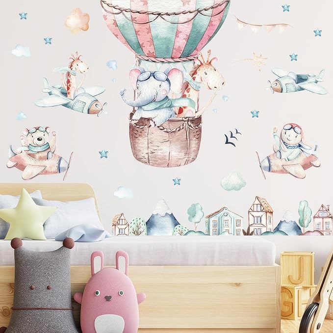 Ollaland Flying Animals Wall Decals - Peel and Stick Hot Air Balloon Animals Wall Stickers, Aircrafts Decor for Baby Nursery, Toddler & Kids Bedroom Walls - Airplanes, Elephant, Giraffe, Bear