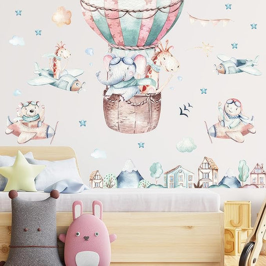 Ollaland Flying Animals Wall Decals - Peel and Stick Hot Air Balloon Animals Wall Stickers, Aircrafts Decor for Baby Nursery, Toddler & Kids Bedroom Walls - Airplanes, Elephant, Giraffe, Bear