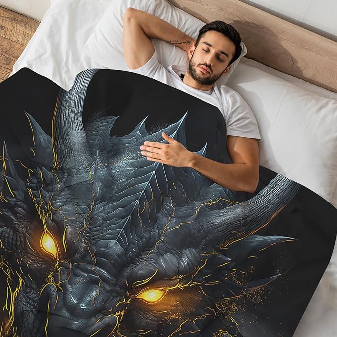 Huke plush Dragon Throw Blanket, Cool black/gold dragon, 50"x40", Ideas for Men/Women/Teens/Kids%%Boys/Girls, Gifts for Dragon Lovers
