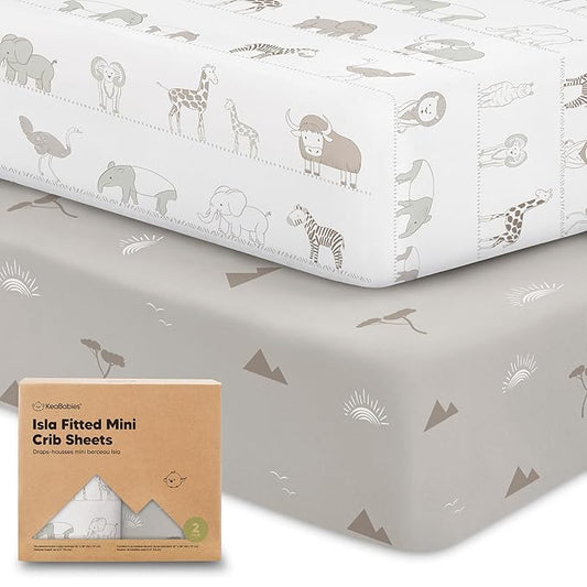 Pack and Play Sheets Fitted - 2-Pack Mini Crib Sheets for Pack N Play Mattress 38x26, Soft & Cozy, Neutral Toddler Playard Bedding, Snug Fitted Mini Baby Crib Mattress Cover Boy, Girl (Savannah)