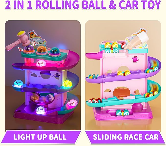 Funwee 2-in-1 Rolling Ball & Racing Car Ramp Toy for Toddlers, Race Track Hammer Lights Ball Drop, Interactive Montessori Learning Game Birthday Gift Idea for Kids 2 3 4 5+Year Old Girl Boy(Pink)