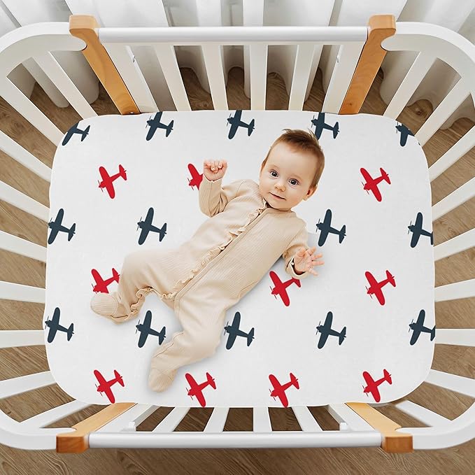 Airplanes Planes Crib Sheets Soft Breathable Fitted Baby Crib Sheets Mattress Cover for Girl Boys, 52" x 28" x 9"