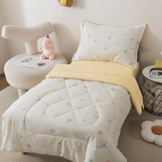 Caressma 5 Pieces Twin Comforter Set for Kids - Soft Prewashed Cotton Colourful Butterfly Print Bedding Set, Includes Comforter, Fitted Sheet, Flat Sheet, Pillow Case & Pillow Sham for All Seasons