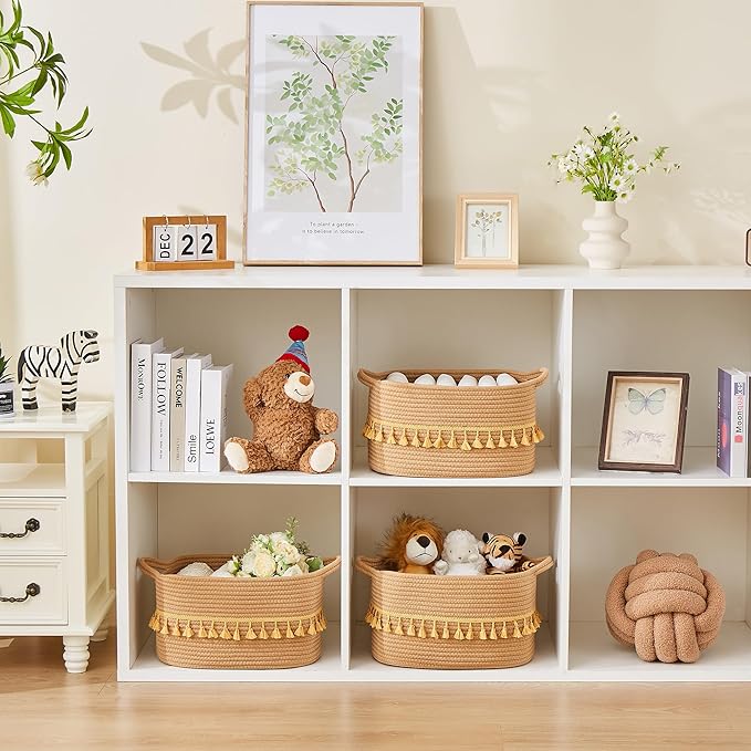 BUBUSUN Storage Bins Woven Baskets for Storage Set of 3, Cotton Rope Basket with Handles for Toys/Shelves/Laundry, Rectangle Multi-Purpose Organizer for Living Room, Bedroom, Nursery (Brown)