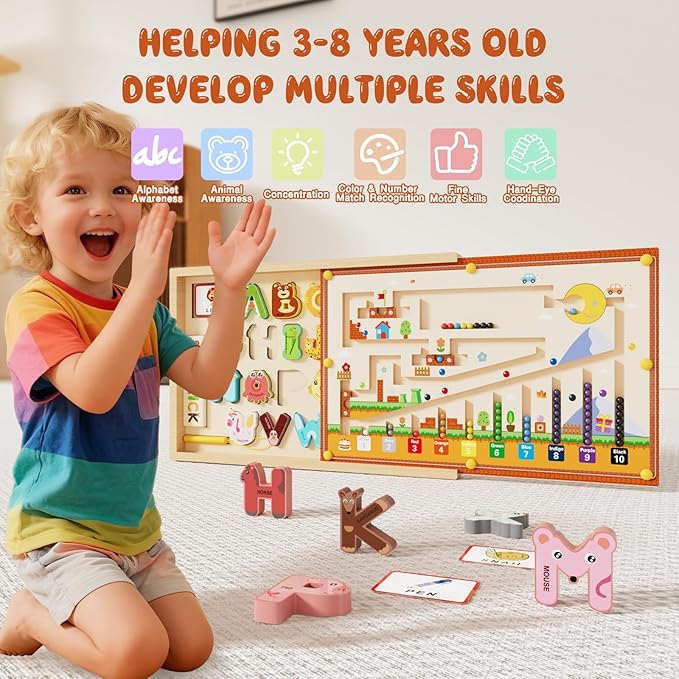 Wooden Montessori Toys with Storage Box for 3-5 Year Old, 4 in 1 Toddlers Educational Learning Toy- Magnetic Color and Number Maze, Animal Alphabet Puzzles, Drawing Board for Kids Boys Girls