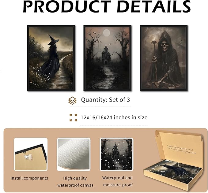 Framed Dark Academia Wall Art Set of 3, Vintage Gothic Skull Witch Wall Decor Paintings, Rustic Moody Spooky Haunted House Prints Pictures for Halloween Living Room 16x24 Inch
