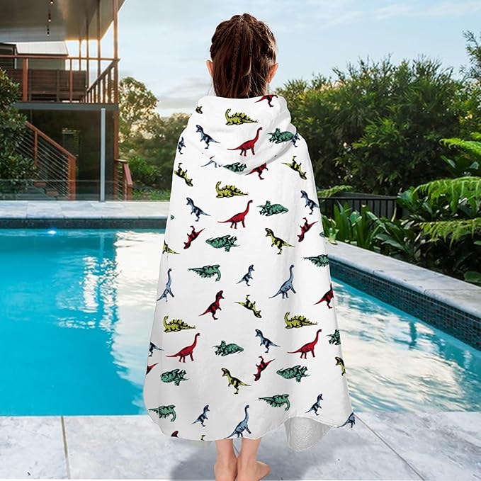 VOOVA & MOVAS Hooded Bath Towel for Kids (3-8 Years) – 100% Cotton Soft Absorbent Swim Towel (30"x50") – Perfect for Pool, Beach, Bath,Dino