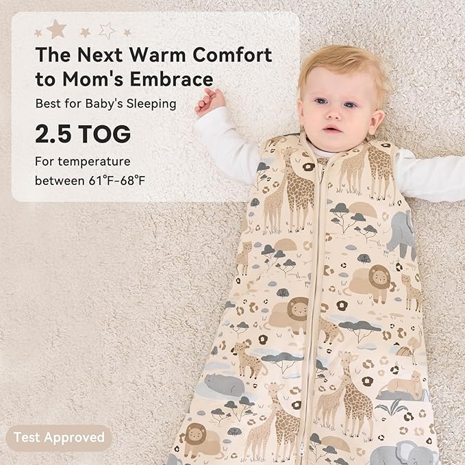 Baby Sleep Sack 18-24 Months TOG 2.5 Winter Baby Wearable Blanket, 100% Cotton Toddler Sleeping Sack with 2-Way Zipper Warm Soft Apricot Zebra