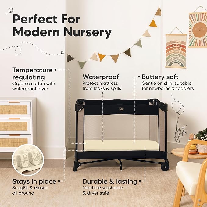 2 Pack and Play Sheets, Waterproof Mini Crib Sheets Fitted - 38x26 Organic Cotton Pack N Play Sheets for Graco Pack and Play Mattress, Playard Baby Crib Sheets, Neutral for Boy, Girl, Toddler (Latte)