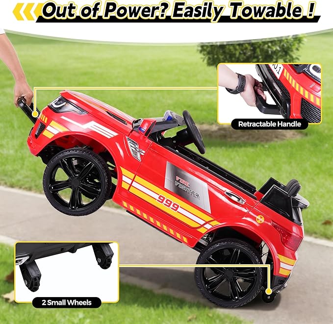 TOBBI Fire Truck Ride on Toys 12V Fire Engine Giant Firetrucks Firefighter Fireman Ride On Car with Remote Control, Siren-Call, Walkie-Talkies, Bluetooth for Toddlers, Red