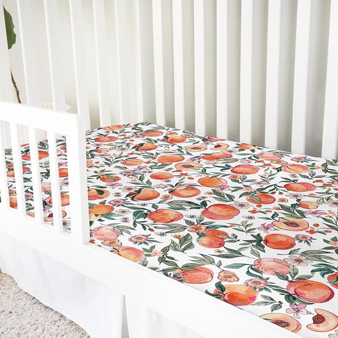 Peach Baby Crib Sheet 52''x28'' Vintage Peach Fruit Floral Leaves Stretchy Fitted Crib Mattress Covers for Boy Girl Summer Soft Baby Nursery Bed Sheets for Standard Crib and Toddler Mattresses