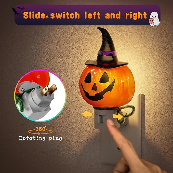 JandCase Pumpkin Night Light, 2 Pack 3000K Night Lights Plug into Wall,Cute & Funny Halloween Night Light for Kids,Plug in Pumpkin Nightlight with 360° Rotatable for Halloween Party Decor