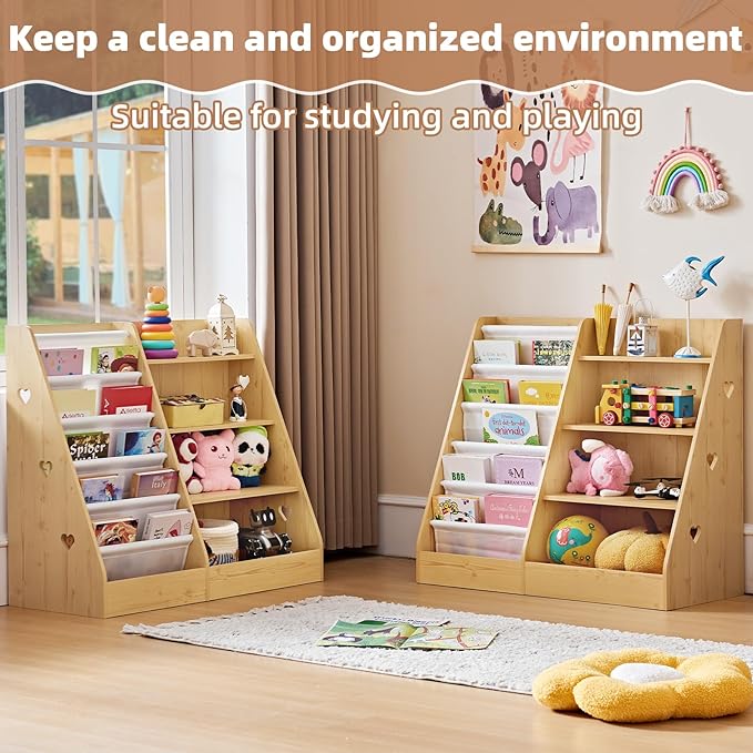 Lerliuo 4 Tier Kids Bookshelf and Storage Organizer, Five Layer Sling Children Bookcase, Baby Toddler Wooden Book Shelf, Display Cabinet for Playroom, Bedroom, Classroom, Nursery, School (Natural)