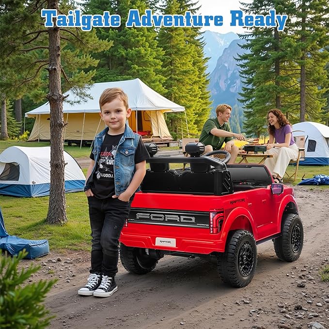 24V Ride on Car for Big Kids, Licensed Ford F-150 Raptor 2 Seater Ride on Toy with Remote Control, Ride on Track w/4-Wheeler Suspension, LED Lights, Bluetooth, Music, Soft Start (24V, Red)