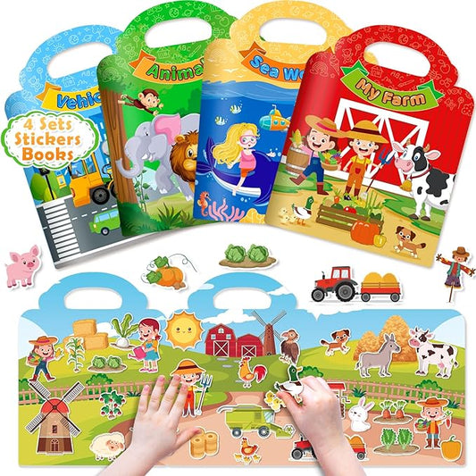 4 Sets Reusable Sticker Books for Toddler, Travel Toys for Toddlers 3-5, Arts Crafts Jelly Stickers, Activity Books for Kids, Holiday and Birthday Gifts Christmas Stocking Stuffers for Boys Girls