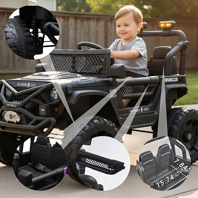 12V Kids Ride On Jeep-Style Car with Remote Control, Bluetooth Music & Stories, LED Headlights, Shock Absorption, Double Doors with Lock, Safe Speed, Battery Powered Electric Vehicle for Boys & Girls