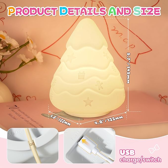 loatme Night Light for Kids, Rechargeable Dimmable Silicone LED Nightlight with 7 Colors, Baby Nursery Night Lamp, Touch Squishy Lamp, Cute Gifts for Girls, Boys, Toddler Room Decor, Christmas Tree