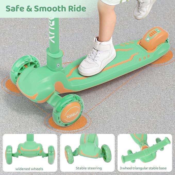 TONBUX Kids Scooter, Light Up 3 Wheel Kick Scooters for Kids 3-12, Folding Scooters with Adjustable Height - Toddler Scooter Lean-to-Steer & Widen Anti-Slip Deck