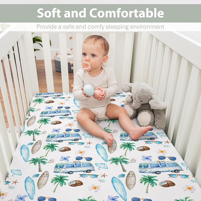 Watercolor Boho Surfing Baby Crib Sheets for Boy Girl 52x28Inch Surfboard Tropical Palm Trees Flowers Soft Snug Fitted Crib Mattress Cover Summer Beach Baby Sheet for Standard Crib & Toddler Mattress