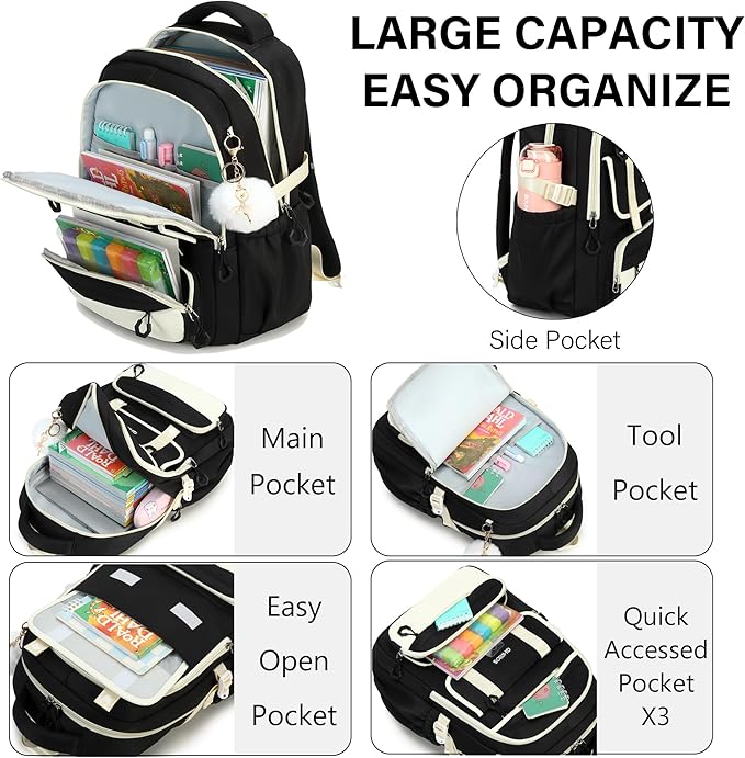 QHRIDS School Backpack for Girls, 3PCS Laptop Backpack 15.6 Inch with Lunch Box Pencil Pouch Set for Kids Teens Elementary Middle High School College Bookbag Student Casual Travel Daypack,Black Beige