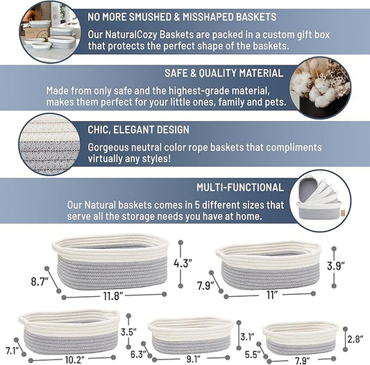 NaturalCozy 5-Piece Rectangle Storage Basket Set- Natural Cotton Rope Woven Baskets for Organizing! Small Basket for Montessori, Baby Nursery, Dog Toy Baskets, Cat Toy Box, Bathroom Organization Bin