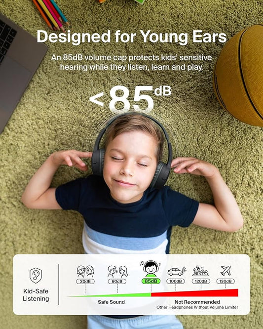 Belkin SoundForm Mini Kids Wireless Headphones w/Built-in Microphone, 30H of Playback Time, & Fun Stickers - Over-Ear Headsets for Online Learning, School, Travel, iPhone, iPad, Galaxy & More - Black