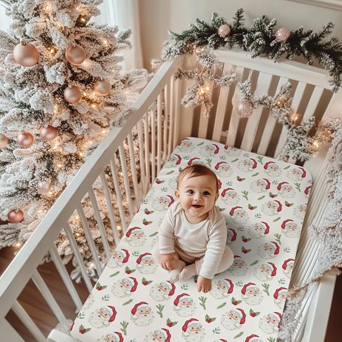 Christmas Santa Claus Baby Crib Sheets for Boy Girl 52"x28" Retro Santa Cherry Fir Leaves Soft Snug Fitted Crib Mattress Cover Winter Holiday Nursery Baby Sheet for Crib & Toddler Bed Mattresses