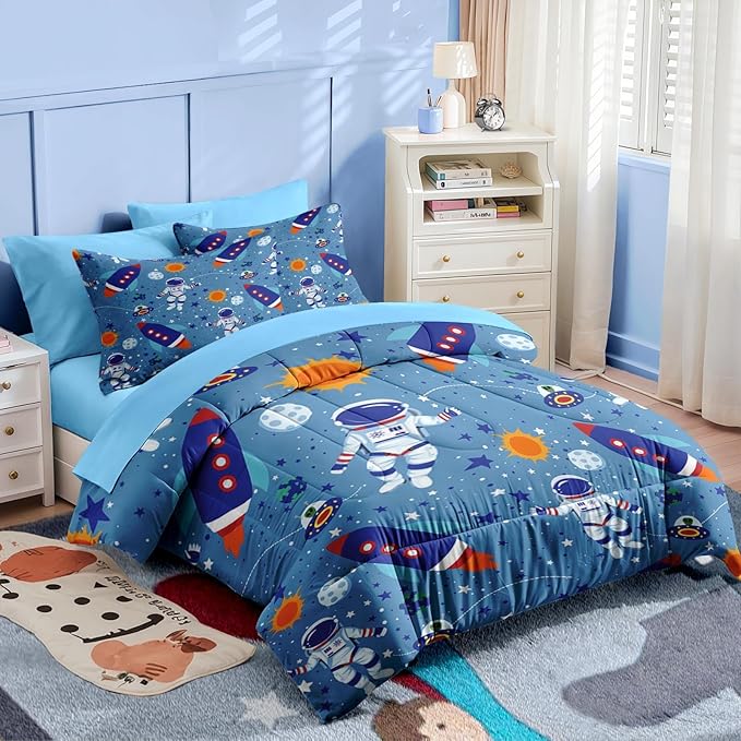 Nesker 4 Pcs Comforter Set Toddler Size, Space Moon Astronaut Bedding for Kids Teen, Cartoon Science Galaxy Bed Sheet with Pillowcase & Sham
