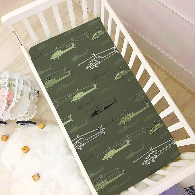 Helicopters Green Crib Sheets Soft Breathable Fitted Baby Crib Sheets Mattress Cover for Girl Boys, 52" x 28" x 9"