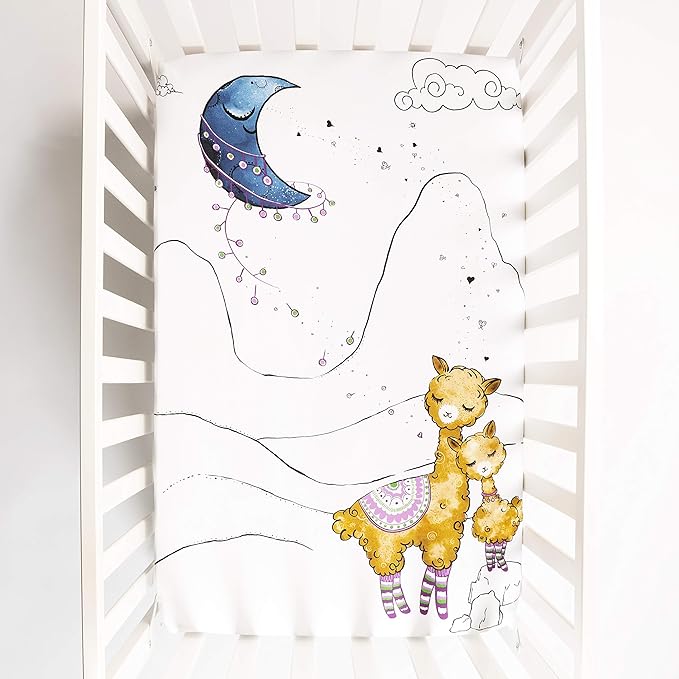 JumpOff Jo - Fitted Mini Crib Sheet for Portable Crib, Playard, and Playpen Mattresses and Mats, Soft 100% Cotton, 24 in. x 38 in. - Llama and Mama