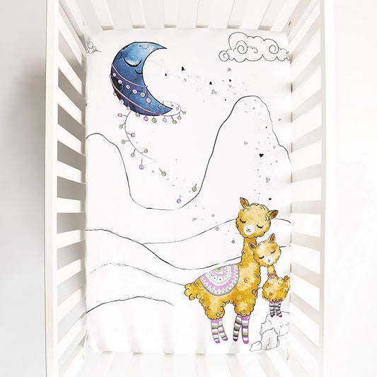 JumpOff Jo - Fitted Mini Crib Sheet for Portable Crib, Playard, and Playpen Mattresses and Mats, Soft 100% Cotton, 24 in. x 38 in. - Llama and Mama