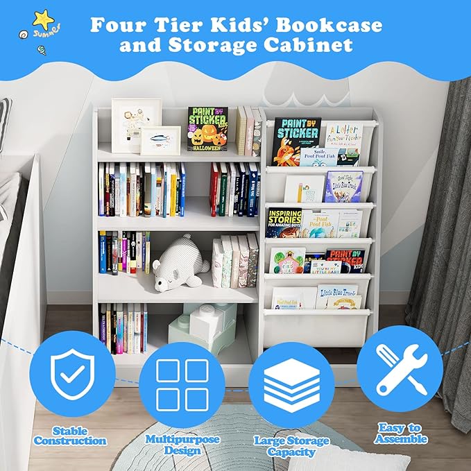 HedoAjim Gray 4 Tier Kids Wooden Bookshelf,Five Layer Sling Toddler Front Facing Bookcase,Baby Kids Storage Book Rack,Book and Toy Organizer Cabinet,Child Book Display Playroom Nursery Bedroom