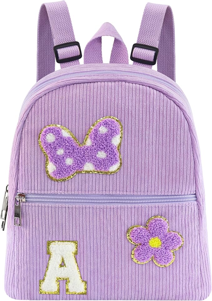 2 3 4 5 6 Year Old Girl Gifts Chenille Initial Mouse Bow Mini Backpack, Corduroy Toddler Backpacks Christmas Birthday Gifts for Girls 2-4 5-6, Purple Mini Diaper Bag Must Haves for Park Travel A