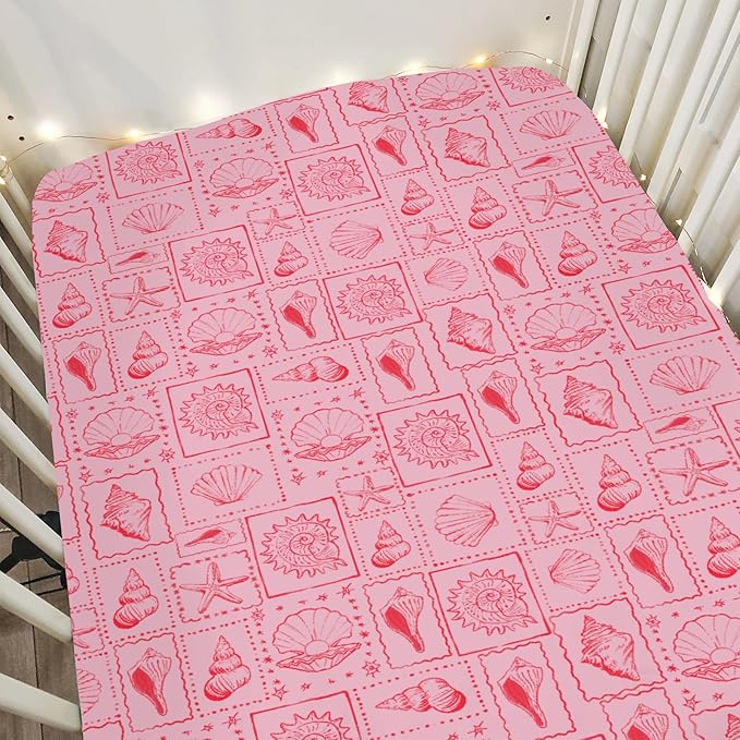 Pink Seashells Baby Crib Sheets for Boy Girl 52"x28" Boho Beach Conch Soft Stretchy Fitted Crib Mattress Covers Pastel Summer Coastal Nursery Baby Sheet for Standard Crib & Toddler Mattress Pad