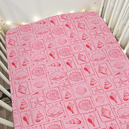 Pink Seashells Baby Crib Sheets for Boy Girl 52"x28" Boho Beach Conch Soft Stretchy Fitted Crib Mattress Covers Pastel Summer Coastal Nursery Baby Sheet for Standard Crib & Toddler Mattress Pad