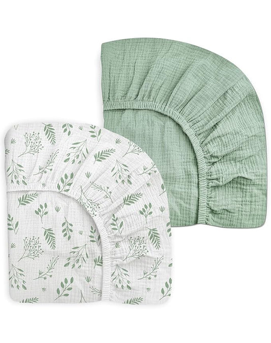 Mini Crib Sheets for Baby Boy Girl 2 Pack, Neutral Mini Crib Mattress Sheet 24" x 38", Muslin Nursery Bedding Soft and Breathable Comfort (Fern Leaf & Sage)