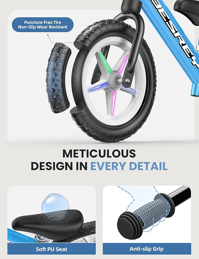 besrey Toddler Balance Bike 2 Year Old: All-Metal Frame & 12" Self-Lighting Wheels, Custom Plate w/Bonus 4 Sets of Stickers, Kids Bike with Adjustable Seat, Bike Gift for 2 3 4 5 Year Old Boys Girls