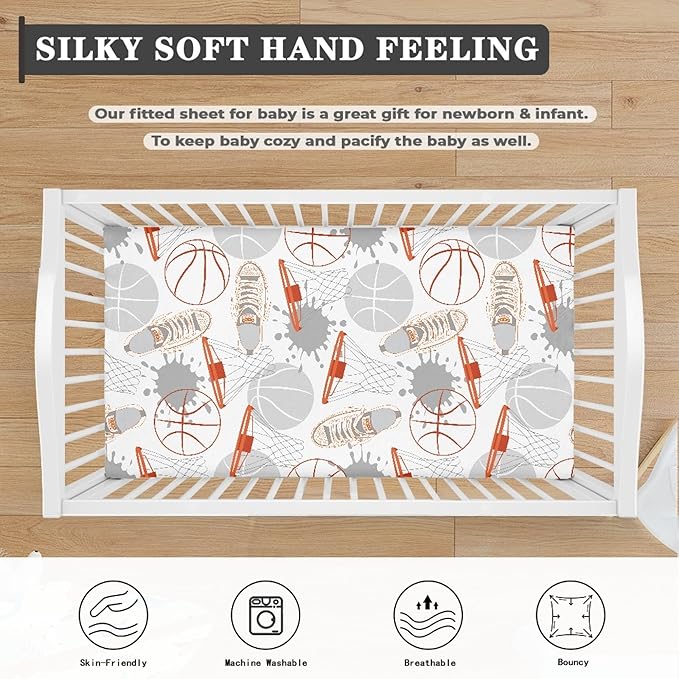 Basketball Fitted Crib Sheet for Boys Girls Balls Sports Baby Sheet for Standard Crib and Toddler Sneakers Basketball Frames Nursery Bed Mattress Sheets 28"x52"