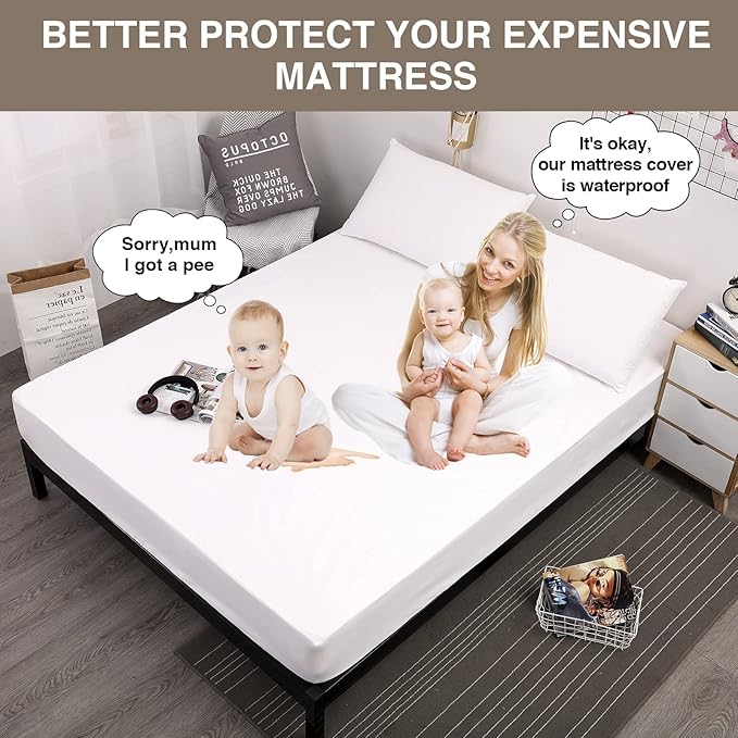 Mecerock Mattress Protector, Breathable and Soft Waterproof Mattress Protector, Mattress Cover, Fitted to 18" Deep, Mattress Cover Queen Size Bed White