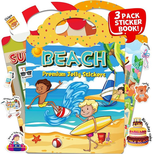 CREATIVETREES 3 Sets of Reusable Jelly Stickers Books - Perfect for 3-6 Year Olds Jelly Stickers Books - Airplane and Car Travel Toys Educational Gifts for Boys and Girls（Beach+Supermarket+Party）