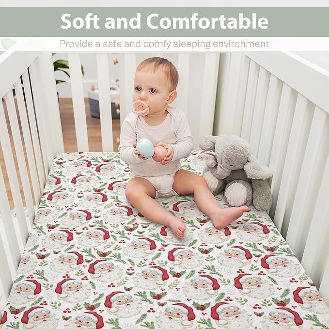 Vintage Christmas Santa Baby Crib Sheets for Boy Girl 52"x28" Santa Claus Cherry Fir Leaves Soft Snug Fitted Crib Mattress Cover Winter Holiday Baby Sheet for Standard Crib & Toddler Bed Mattress